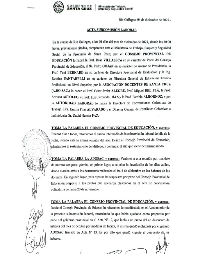  El Acta de la subcomisión laboral de este jueves 4 de diciembre.