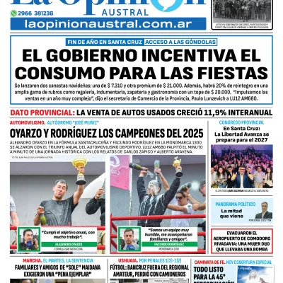 Tapa del Diario La Opinión Austral edición impresa del lunes 8 de diciembre de 2025, Río Gallegos, Santa Cruz, Argentina Tapa del Diario La Opinión Austral edición impresa del lunes 8 de diciembre de 2025, Río Gallegos, Santa Cruz, Argentina