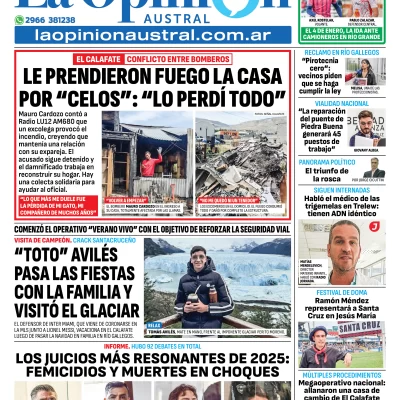 Tapa del Diario La Opinión Austral edición impresa del martes 30 de diciembre de 2025, Río Gallegos, Santa Cruz, Argentina