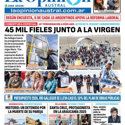 Tapa del Diario La Opinión Austral edición impresa del martes 9 de diciembre de 2025, Río Gallegos, Santa Cruz, Argentina Tapa del Diario La Opinión Austral edición impresa del martes 9 de diciembre de 2025, Río Gallegos, Santa Cruz, Argentina
