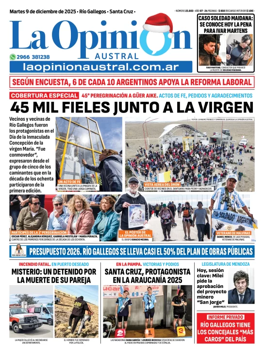 Tapa del Diario La Opinión Austral edición impresa del martes 9 de diciembre de 2025, Río Gallegos, Santa Cruz, Argentina