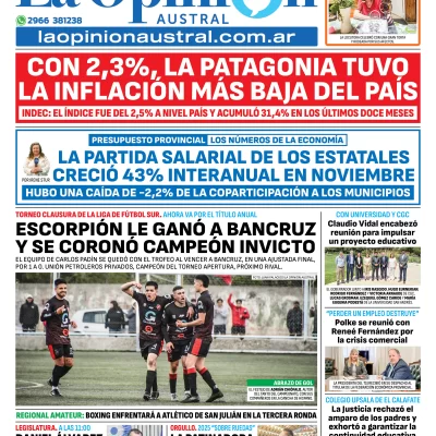 Tapa del Diario La Opinión Austral edición impresa del viernes 12 de diciembre de 2025, Río Gallegos, Santa Cruz, Argentina