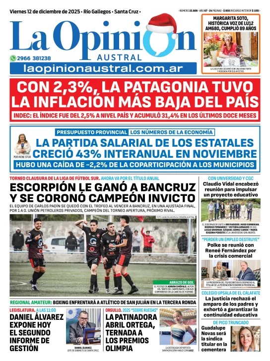 Tapa del Diario La Opinión Austral edición impresa del viernes 12 de diciembre de 2025, Río Gallegos, Santa Cruz, Argentina