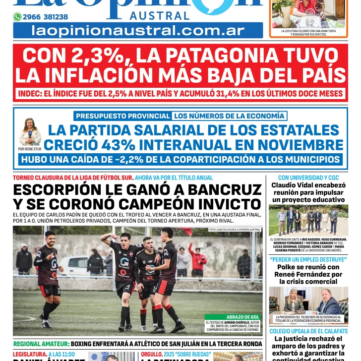 Tapa del Diario La Opinión Austral edición impresa del viernes 12 de diciembre de 2025, Río Gallegos, Santa Cruz, Argentina Tapa del Diario La Opinión Austral edición impresa del viernes 12 de diciembre de 2025, Río Gallegos, Santa Cruz, Argentina