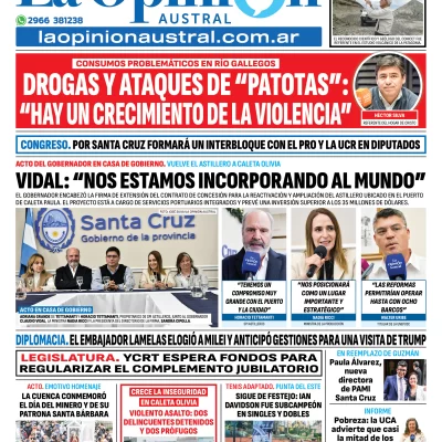 Tapa del Diario La Opinión Austral edición impresa del viernes 5 de diciembre de 2025, Río Gallegos, Santa Cruz, Argentina