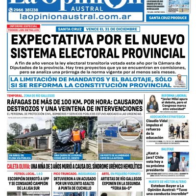 Tapa del Diario La Opinión Austral edición impresa del domingo 14 de diciembre de 2025, Río Gallegos, Santa Cruz, Argentina Tapa del Diario La Opinión Austral edición impresa del domingo 14 de diciembre de 2025, Río Gallegos, Santa Cruz, Argentina