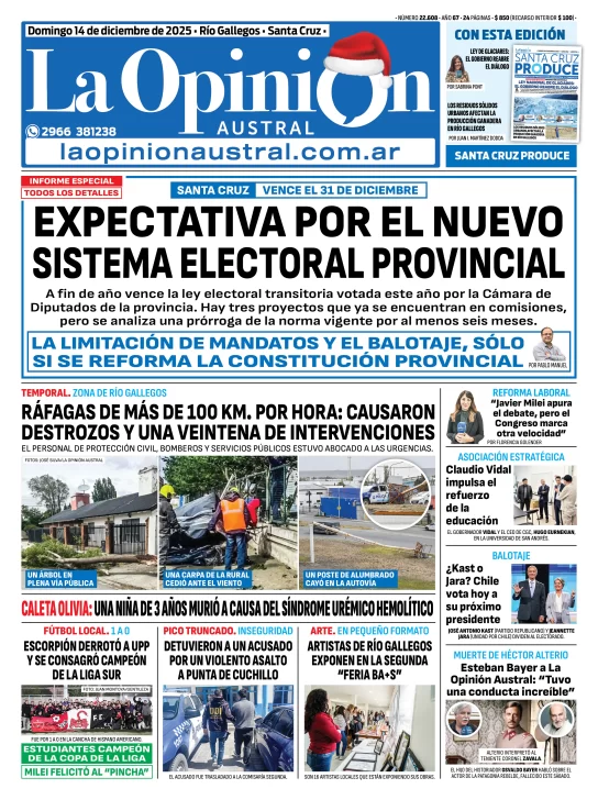 Tapa del Diario La Opinión Austral edición impresa del domingo 14 de diciembre de 2025, Río Gallegos, Santa Cruz, Argentina