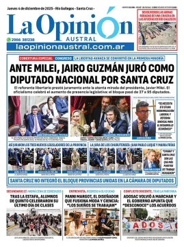 Tapa del Diario La Opinión Austral edición impresa del jueves 4 de diciembre de 2025, Río Gallegos, Santa Cruz, Argentina Tapa del Diario La Opinión Austral edición impresa del jueves 4 de diciembre de 2025, Río Gallegos, Santa Cruz, Argentina