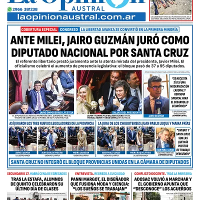 Tapa del Diario La Opinión Austral edición impresa del jueves 4 de diciembre de 2025, Río Gallegos, Santa Cruz, Argentina Tapa del Diario La Opinión Austral edición impresa del jueves 4 de diciembre de 2025, Río Gallegos, Santa Cruz, Argentina