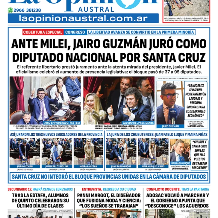 Tapa del Diario La Opinión Austral edición impresa del jueves 4 de diciembre de 2025, Río Gallegos, Santa Cruz, Argentina Tapa del Diario La Opinión Austral edición impresa del jueves 4 de diciembre de 2025, Río Gallegos, Santa Cruz, Argentina