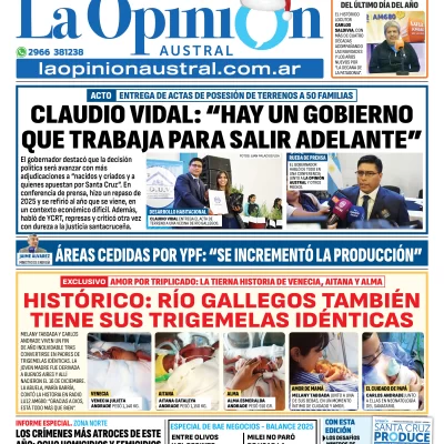 Tapa del Diario La Opinión Austral edición impresa del miércoles 31 de diciembre de 2025, Río Gallegos, Santa Cruz, Argentina