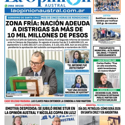 Tapa del Diario La Opinión Austral edición impresa del viernes 12 de diciembre de 2025, Río Gallegos, Santa Cruz, Argentina