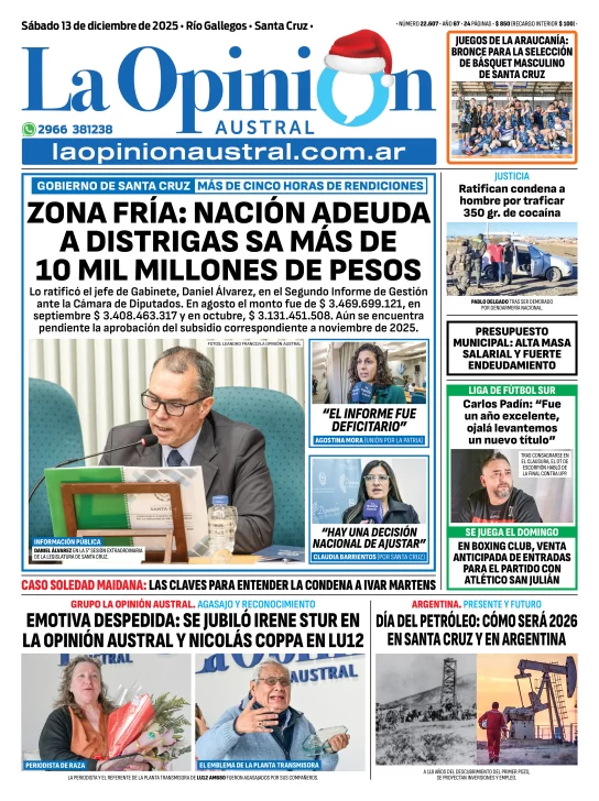Tapa del Diario La Opinión Austral edición impresa del viernes 12 de diciembre de 2025, Río Gallegos, Santa Cruz, Argentina