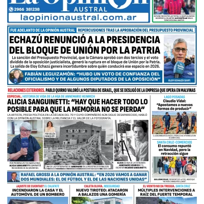 Tapa del Diario La Opinión Austral edición impresa del domingo 28 de diciembre de 2025, Río Gallegos, Santa Cruz, Argentina