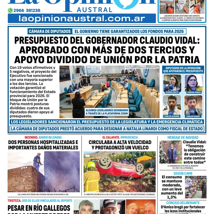 Tapa del Diario La Opinión Austral edición impresa del viernes 26 de diciembre de 2025, Río Gallegos, Santa Cruz, Argentina Tapa del Diario La Opinión Austral edición impresa del viernes 26 de diciembre de 2025, Río Gallegos, Santa Cruz, Argentina