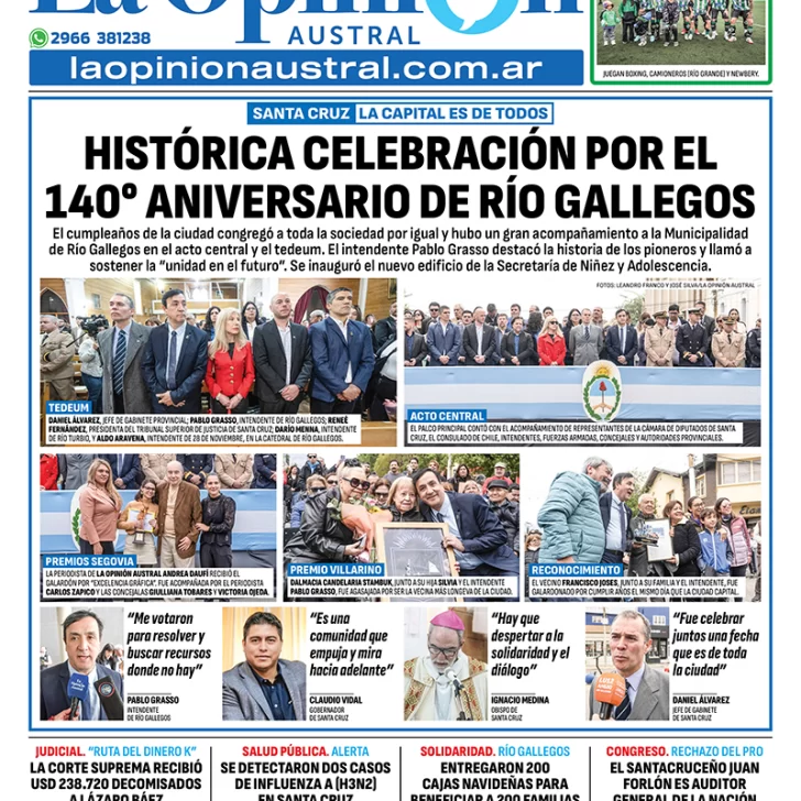 Tapa del Diario La Opinión Austral edición impresa del sábado 20 de diciembre de 2025, Río Gallegos, Santa Cruz, Argentina Tapa del Diario La Opinión Austral edición impresa del sábado 20 de diciembre de 2025, Río Gallegos, Santa Cruz, Argentina