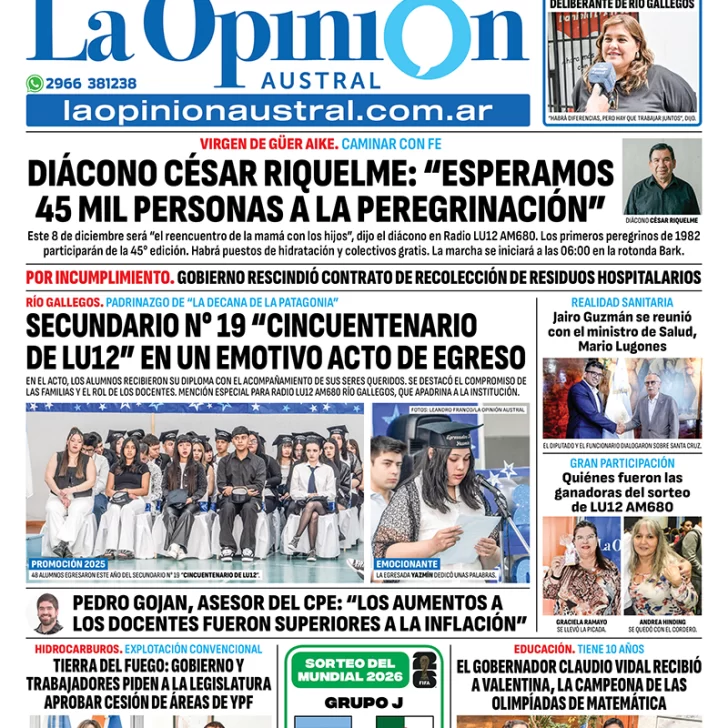 Tapa del Diario La Opinión Austral edición impresa del sábado 6 de diciembre de 2025, Río Gallegos, Santa Cruz, Argentina Tapa del Diario La Opinión Austral edición impresa del sábado 6 de diciembre de 2025, Río Gallegos, Santa Cruz, Argentina