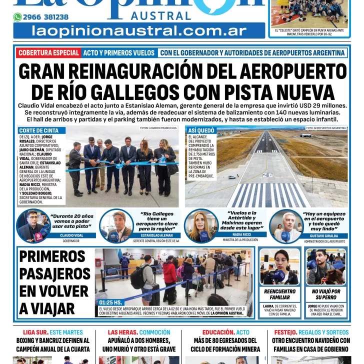 Tapa del Diario La Opinión Austral edición impresa del martes 23 de diciembre de 2025, Río Gallegos, Santa Cruz, Argentina Tapa del Diario La Opinión Austral edición impresa del martes 23 de diciembre de 2025, Río Gallegos, Santa Cruz, Argentina