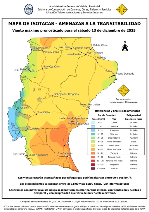 Temporal de viento en Santa Cruz: cortan la Ruta 3 entre Guer Aike y Piedra Buena por ráfagas extremas