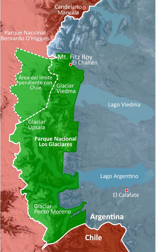  Mapa de los glaciares en la provincia de Santa Cruz.