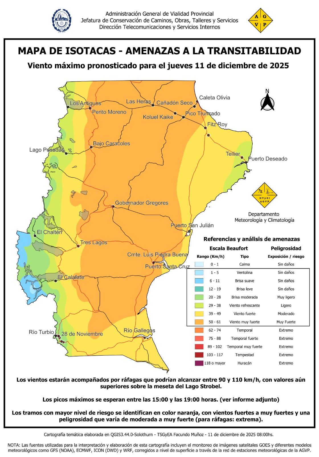 Podrían cortar varias rutas en Santa Cruz por los fuertes vientos