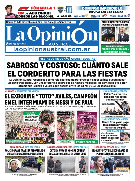 Tapa del Diario La Opinión Austral edición impresa del domingo 7 de diciembre de 2025, Río Gallegos, Santa Cruz, Argentina