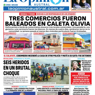 Tapa del Diario La Opinión Austral edición impresa del lunes 29 de diciembre de 2025, Río Gallegos, Santa Cruz, Argentina