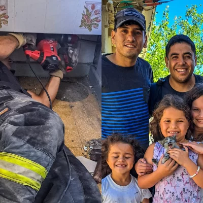 Bomberos de Puerto Deseado salvaron a un gatito que estaba atrapado en una chimenea