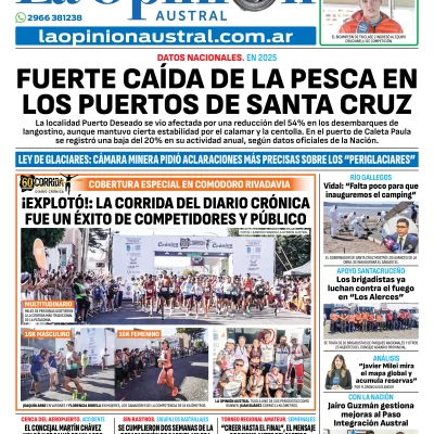 Tapa del Diario La Opinión Austral edición impresa del domingo 25 de enero de 2026, Río Gallegos, Santa Cruz, Argentina