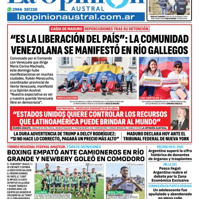 Tapa del Diario La Opinión Austral edición impresa del lunes 5 de enero de 2026, Río Gallegos, Santa Cruz, Argentina