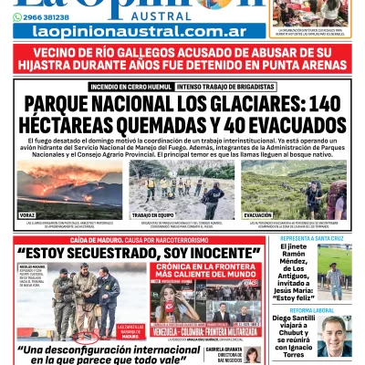 Tapa del Diario La Opinión Austral edición impresa del martes 6 de enero de 2026, Río Gallegos, Santa Cruz, Argentina