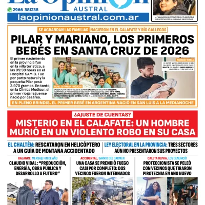 Tapa del Diario La Opinión Austral edición impresa del viernes 2 de enero de 2026, Río Gallegos, Santa Cruz, Argentina