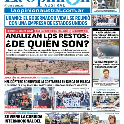 Tapa del Diario La Opinión Austral edición impresa del viernes 23 de enero de 2026, Río Gallegos, Santa Cruz, Argentina