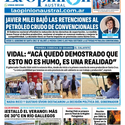 Tapa del Diario La Opinión Austral del viernes 30 de enero de 2026, Río Gallegos, Santa Cruz, Argentina