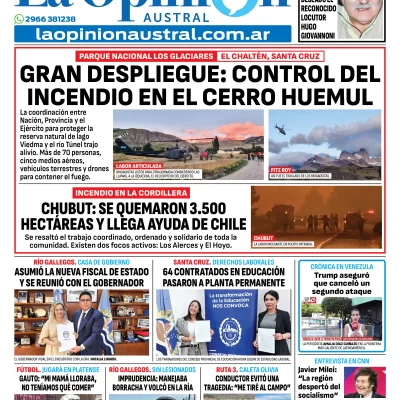Tapa del Diario La Opinión Austral edición impresa del sábado 10 de enero de 2026, Río Gallegos, Santa Cruz, Argentina