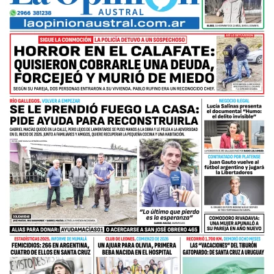 Tapa del Diario La Opinión Austral edición impresa del sábado 3 de enero de 2026, Río Gallegos, Santa Cruz, Argentina