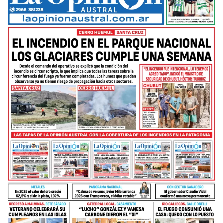 Tapa del Diario La Opinión Austral edición impresa del domingo 11 de enero de 2026, Río Gallegos, Santa Cruz, Argentina Tapa del Diario La Opinión Austral edición impresa del domingo 11 de enero de 2026, Río Gallegos, Santa Cruz, Argentina