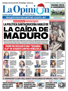 Tapa del Diario La Opinión Austral edición impresa del domingo 4 de enero de 2026, Río Gallegos, Santa Cruz, Argentina Tapa del Diario La Opinión Austral edición impresa del domingo 4 de enero de 2026, Río Gallegos, Santa Cruz, Argentina
