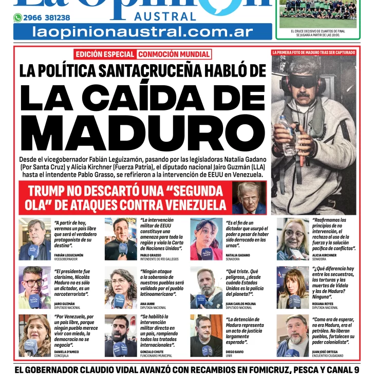 Tapa del Diario La Opinión Austral edición impresa del domingo 4 de enero de 2026, Río Gallegos, Santa Cruz, Argentina Tapa del Diario La Opinión Austral edición impresa del domingo 4 de enero de 2026, Río Gallegos, Santa Cruz, Argentina