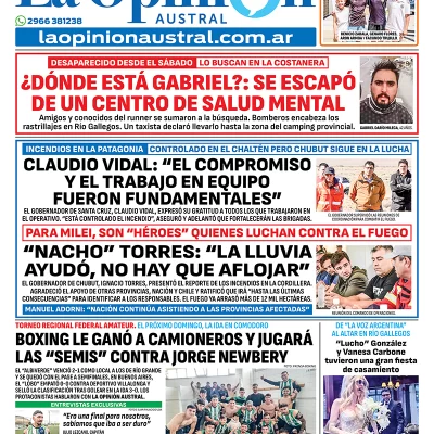 Tapa del Diario La Opinión Austral edición impresa del lunes 12 de enero de 2026, Río Gallegos, Santa Cruz, Argentina