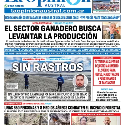 Tapa del Diario La Opinión Austral edición impresa del martes 13 de enero de 2026, Río Gallegos, Santa Cruz, Argentina