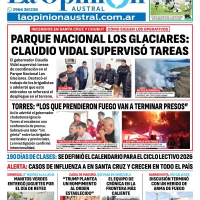 Tapa del Diario La Opinión Austral edición impresa del miércoles 7 de enero de 2026, Río Gallegos, Santa Cruz, Argentina