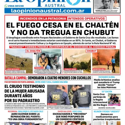 Tapa del Diario La Opinión Austral edición impresa del viernes 9 de enero de 2026, Río Gallegos, Santa Cruz, Argentina