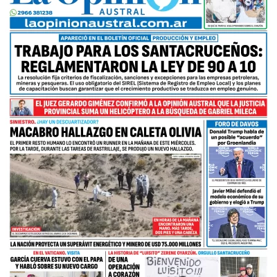 Tapa del Diario La Opinión Austral edición impresa del jueves 22 de enero de 2026, Río Gallegos, Santa Cruz, Argentina