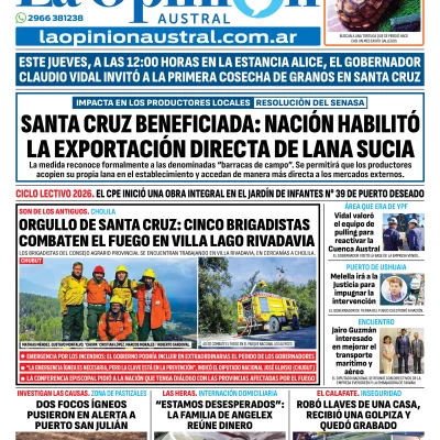 Tapa del Diario La Opinión Austral del jueves 29 de enero de 2026, Río Gallegos, Santa Cruz, Argentina