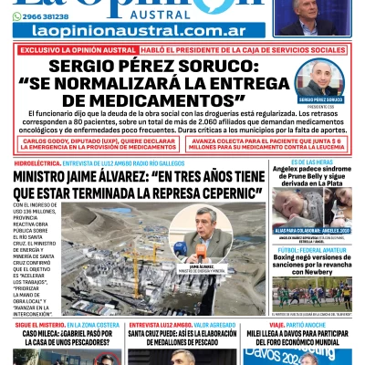 Tapa del Diario La Opinión Austral edición impresa del martes 20 de enero de 2026, Río Gallegos, Santa Cruz, Argentina
