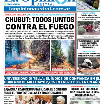 Tapa del Diario La Opinión Austral edición impresa del martes 27 de enero de 2026, Río Gallegos, Santa Cruz, Argentina