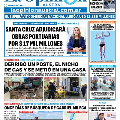 Tapa del Diario La Opinión Austral edición impresa del miércoles 21 de enero de 2026, Río Gallegos, Santa Cruz, Argentina