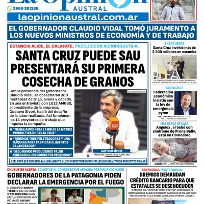 Tapa del Diario La Opinión Austral del miércoles 28 de enero de 2026, Río Gallegos, Santa Cruz, Argentina