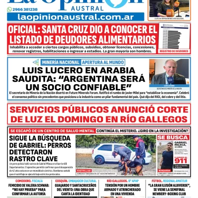 Tapa del Diario La Opinión Austral edición impresa del sábado 17 de enero de 2026, Río Gallegos, Santa Cruz, Argentina
